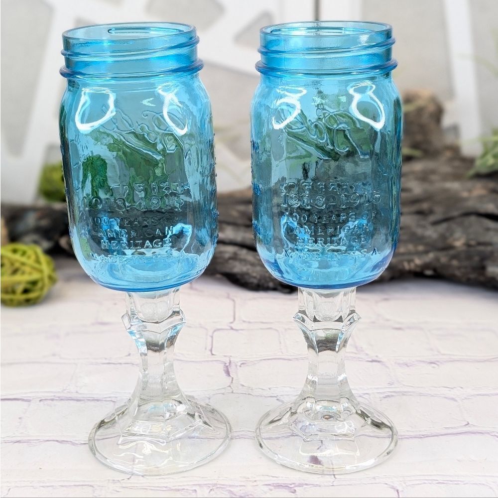 Set of 2 Limited Edition Redneck Blue Mason Jar Hillbilly Wine Glass - Picture 2 of 13